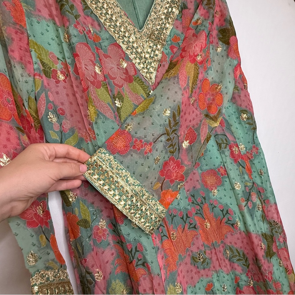 Embellished floral Indian Tunic Dress Boho Kurti Anarkali teal pink metallic - Picture 7 of 8